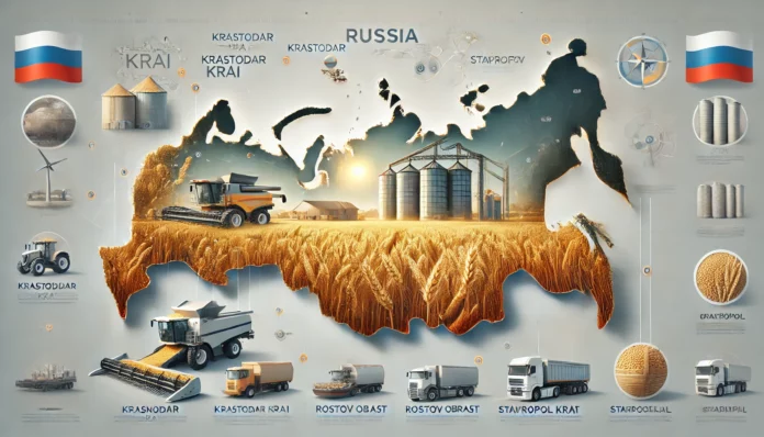 A realistic infographic showcasing Russia's largest wheat-producing regions, including Krasnodar Krai, Rostov Oblast, and Stavropol Krai, featuring a map with highlighted regions, golden wheat fields, modern farming equipment, and export elements like trucks and ships.