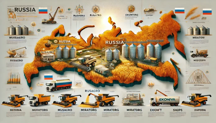 A realistic infographic showcasing Russia's largest wheat-producing companies, featuring a map of Russia with highlighted operational regions and visuals of golden wheat fields, modern harvesting equipment, silos, and export trucks.