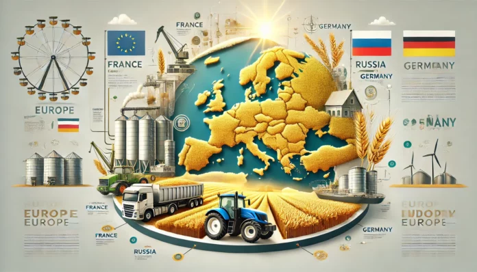 A realistic infographic showcasing Europe’s largest wheat-producing countries, including France, Russia, and Germany, featuring a map with highlighted regions, golden wheat fields, farming equipment, and export logistics like ships and trucks.