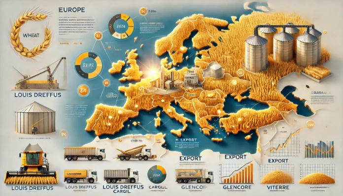 A realistic infographic showcasing Europe's largest wheat-producing companies, including visuals of golden wheat fields, modern farming equipment, and a map highlighting operational regions for companies like Louis Dreyfus, Cargill, and Glencore (Viterra).