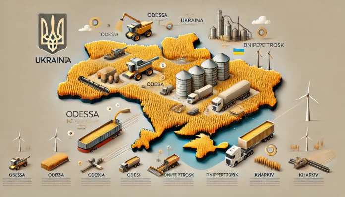 A realistic infographic showcasing Ukraine’s largest wheat-producing regions, including Odessa, Dnipropetrovsk, and Kharkiv, with visuals of golden wheat fields, modern farming equipment, and a map highlighting operational regions.