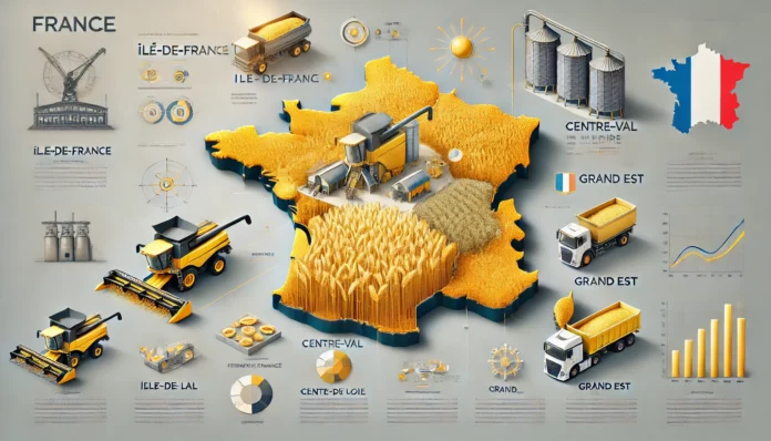 A realistic infographic showcasing France's largest wheat-producing regions, including Île-de-France, Centre-Val de Loire, and Grand Est, with visuals of golden wheat fields, farming equipment, and a map highlighting these regions.