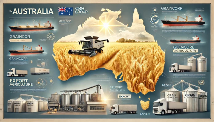 A realistic infographic showcasing Australia's largest wheat-producing companies, featuring a map of Australia with highlighted operational regions, golden wheat fields, modern farming equipment, and export logistics such as ships and silos.