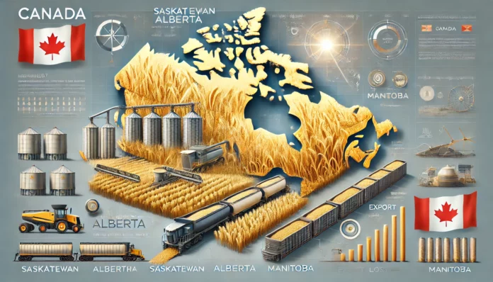 A realistic infographic showcasing Canada’s largest wheat-producing regions, including Saskatchewan, Alberta, and Manitoba, with visuals of golden wheat fields, farming equipment, and a map highlighting these provinces.