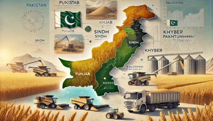 A realistic infographic showcasing Pakistan’s largest wheat-producing regions, including Punjab, Sindh, Khyber Pakhtunkhwa, and Balochistan, with visuals of golden wheat fields, modern farming equipment, and export logistics.