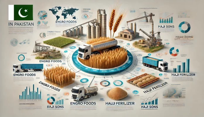 A realistic infographic showcasing Pakistan’s top wheat-producing companies, including visual representations of wheat production, modern farming techniques, mills, and export logistics.