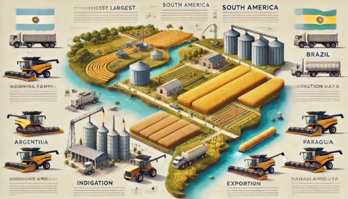 Here is a realistic infographic showcasing the largest wheat-producing regions in South America, such as Argentina, Brazil, and Paraguay. The image includes visual representations of wheat fields, modern farming techniques, and export infrastructure.