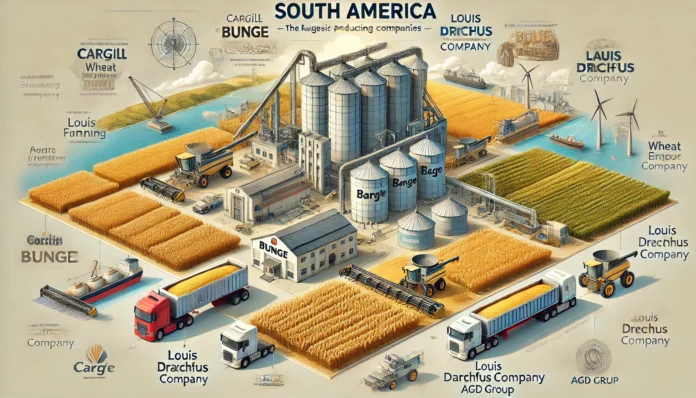 Here is a simple and realistic image for your article, showcasing the largest wheat-producing companies in South America, including Cargill, Bunge, Louis Dreyfus Company, and AGD Group. The image features visual representations of wheat fields, modern farming equipment, and export logistics.