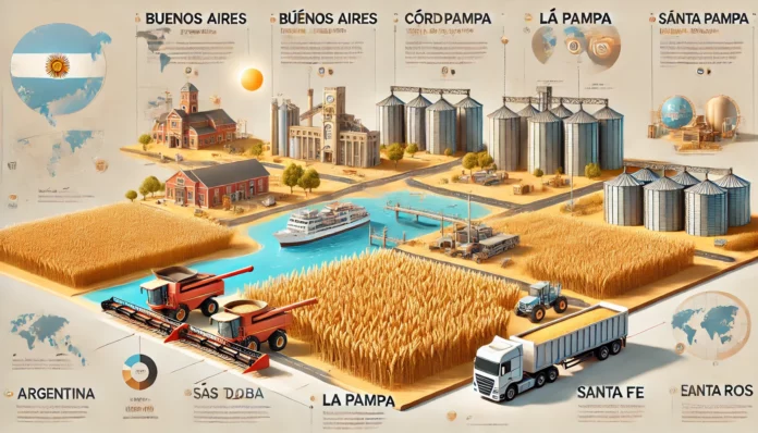 Here is a realistic infographic showcasing the top wheat-producing regions in Argentina, including Buenos Aires, Córdoba, La Pampa, Santa Fe, and Entre Ríos, with visual representations of wheat fields, modern farming equipment, and export logistics.