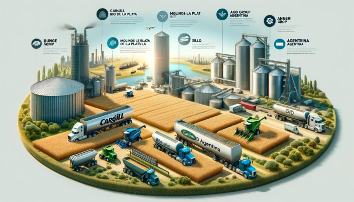 Here is a simple and realistic infographic for your article, showcasing the top wheat-producing companies in Argentina, including Cargill, Molinos Río de la Plata, AGD Group, and Bunge Argentina. The image features visual representations of wheat fields, modern farming equipment, and export logistics.