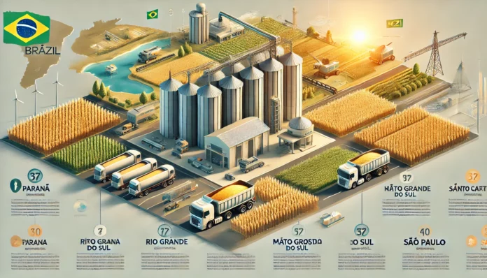 Here is a realistic and professional infographic showcasing the top wheat-producing regions in Brazil, including Paraná, Rio Grande do Sul, Santa Catarina, Mato Grosso do Sul, and São Paulo. The image features visual representations of wheat fields, modern farming equipment, and export logistics.