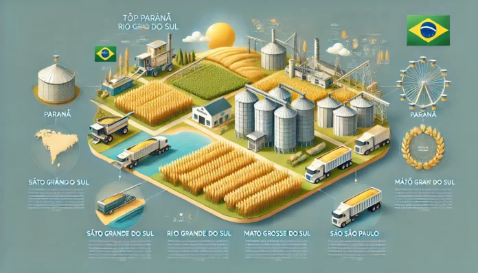 Here is a realistic and professional infographic showcasing the top wheat-producing regions in Brazil, including Paraná, Rio Grande do Sul, Santa Catarina, Mato Grosso do Sul, and São Paulo. The image features wheat fields, modern farming equipment, and export logistics.