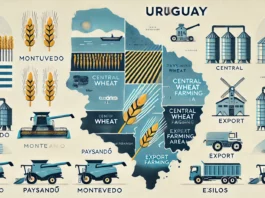 Here is a simple and clean map of Uruguay, highlighting the top wheat-producing regions such as Montevideo, Paysandú, and central wheat farming areas. The map also includes visual representations of wheat fields, modern farming equipment, and export logistics.