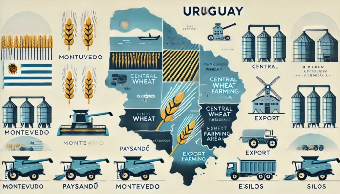 Here is a simple and clean map of Uruguay, highlighting the top wheat-producing regions such as Montevideo, Paysandú, and central wheat farming areas. The map also includes visual representations of wheat fields, modern farming equipment, and export logistics.