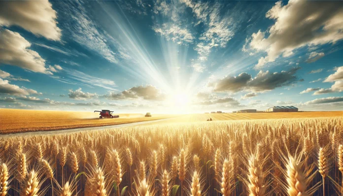 A vibrant wheat field under a clear blue sky with mature golden wheat swaying in the breeze, symbolizing agricultural abundance and productivity.