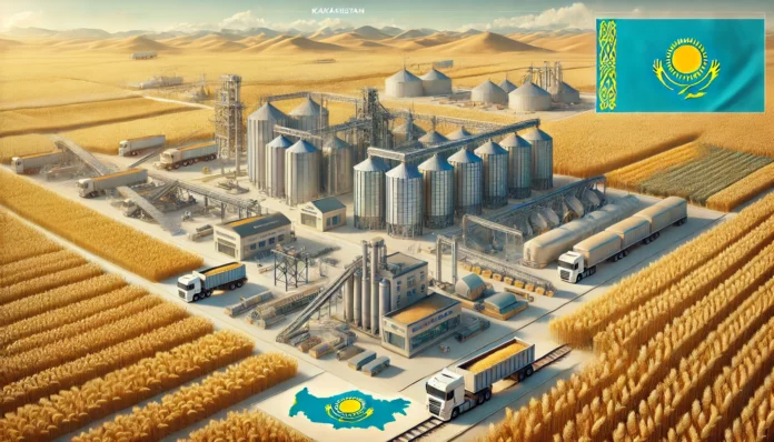 A comprehensive illustration of Kazakhstan's wheat value chain, featuring fields, equipment, processing facilities, logistics, and a map with a flag overlay.