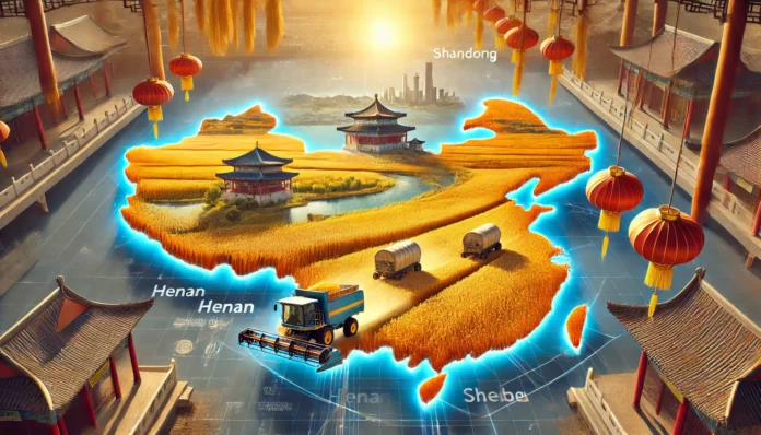 A vibrant depiction of China’s wheat production, featuring golden fields, modern harvesting equipment, traditional architecture, and a map overlay of major regions.