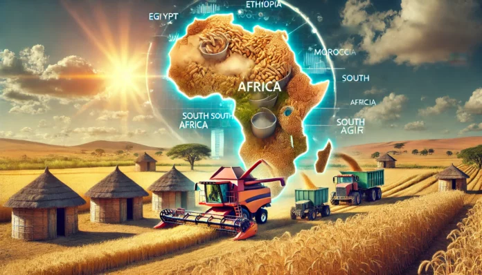 A depiction of Africa's wheat production with golden fields, harvesting equipment, rural huts, and a map highlighting Egypt, Ethiopia, Morocco, South Africa, and Nigeria.