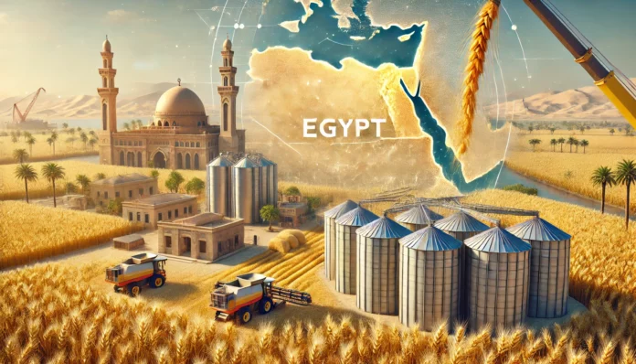 A depiction of Egypt's wheat industry with golden fields, harvesting equipment, silos, a mosque in the background, and a map overlay of Egypt in Africa.