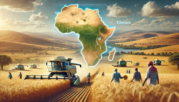 A depiction of Ethiopia's wheat industry with golden fields, harvesting equipment, farmers, and a map overlay highlighting Ethiopia’s role in Africa.