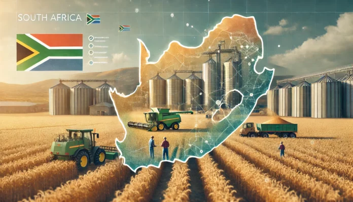 A depiction of South Africa’s wheat production featuring golden fields, modern harvesting equipment, storage silos, and a map overlay highlighting major regions.