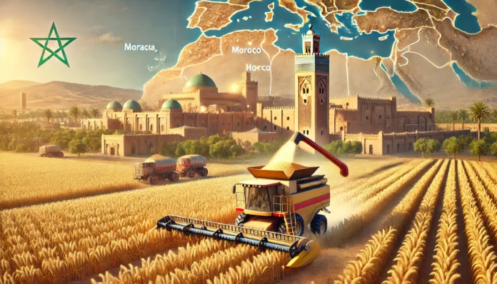 A depiction of Morocco’s wheat industry with golden fields, modern harvesting equipment, traditional architecture, and a map overlay highlighting major areas.