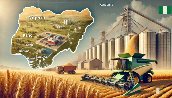 A depiction of Nigeria’s wheat production with golden fields, modern harvesting equipment, storage silos, and a map overlay highlighting key wheat-producing regions.