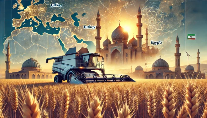 A depiction of wheat production in the Middle East with golden fields, harvesting equipment, traditional architecture, and a map overlay highlighting key countries.