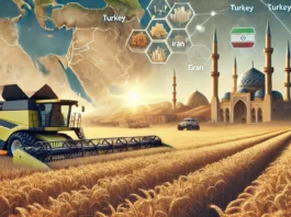 A depiction of the Middle East's wheat production with golden fields, harvesting equipment, traditional architecture, and a map highlighting key countries.