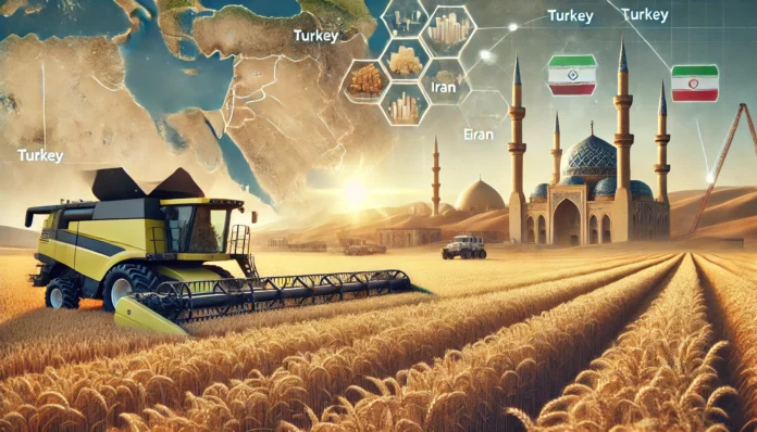 A depiction of the Middle East's wheat production with golden fields, harvesting equipment, traditional architecture, and a map highlighting key countries.