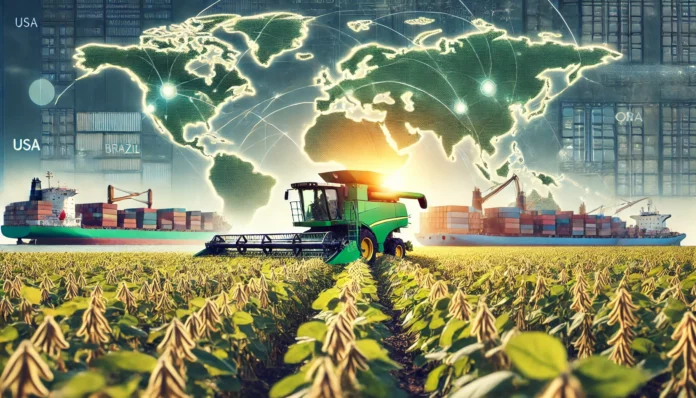 A global view of soybean production with green fields, modern harvesting equipment, and international trade routes, highlighting key producers like the USA, Brazil, and Argentina.