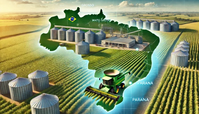 A depiction of Brazil’s soybean production with green fields, harvesting equipment, silos, and a map highlighting Mato Grosso and Paraná.