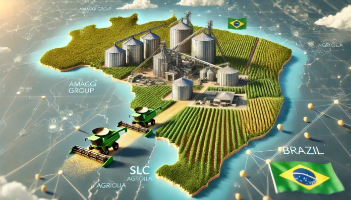 A depiction of soybean production in Brazil with green fields, harvesting equipment, storage silos, and a map overlay highlighting key regions.