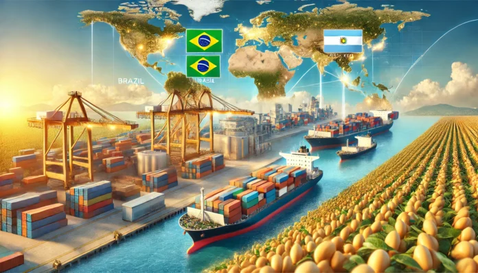 A global view of soybean exports with shipping containers, ports, soybean fields, and a map overlay highlighting Brazil, the U.S., and Argentina.