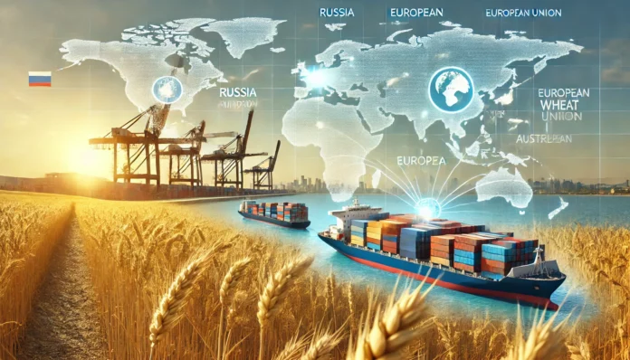 A depiction of global wheat exports with ships at ports, wheat-filled containers, and a map overlay highlighting Russia, the EU, and Australia.