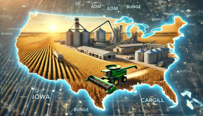 A realistic depiction of soybean production in the U.S., with fields, harvesting equipment, and a map overlay highlighting Iowa and Illinois.