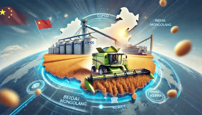 A depiction of soybean production in China with fields, harvesting equipment, and a map overlay highlighting Heilongjiang and Inner Mongolia.