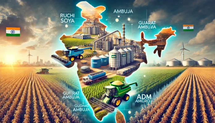 A depiction of soybean production in India with fields, harvesting equipment, and a map overlay highlighting Madhya Pradesh and Maharashtra.