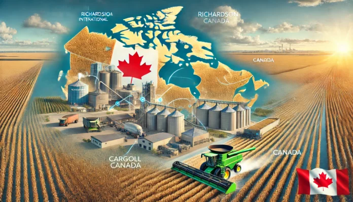 A depiction of soybean production in Canada with fields, harvesting equipment, and a map overlay highlighting Ontario and Manitoba provinces.