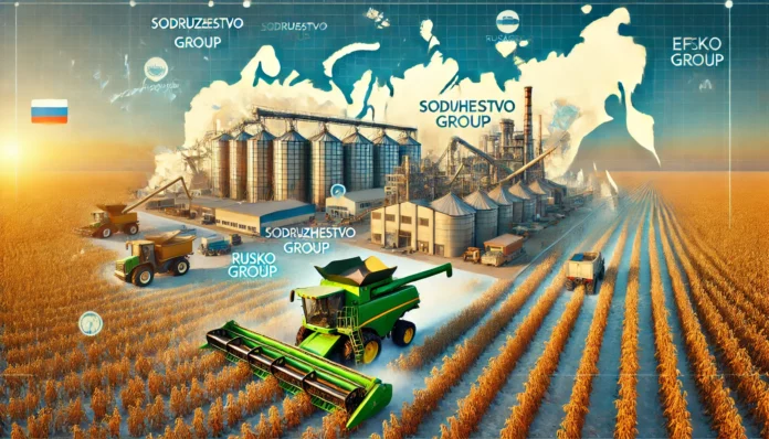 A depiction of soybean production in Russia with fields, harvesting equipment, and a map overlay highlighting Amur and Krasnodar regions.