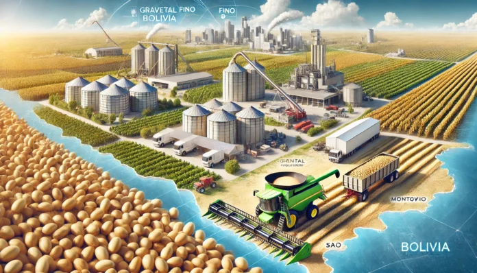 A depiction of soybean production in Bolivia with fields, harvesting equipment, and a map overlay highlighting Santa Cruz and Montero regions.