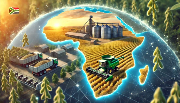 A depiction of soybean production in Africa with fields, harvesting equipment, and a map overlay highlighting Mpumalanga and Kaduna regions.