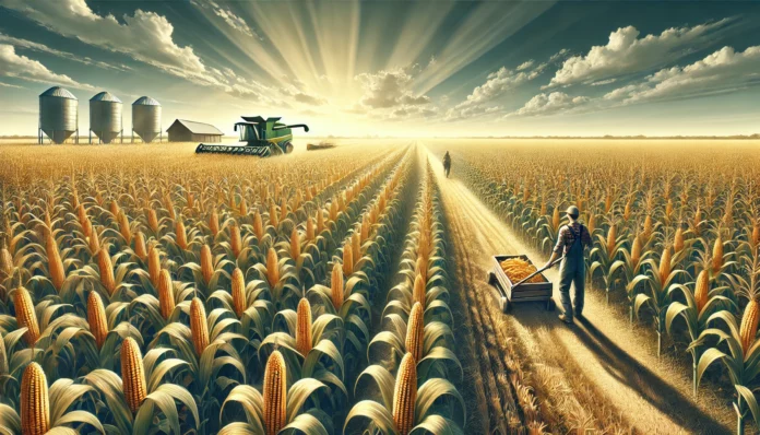 Cornfield during harvest season with a farmer collecting corn, symbolizing global corn production and agriculture.