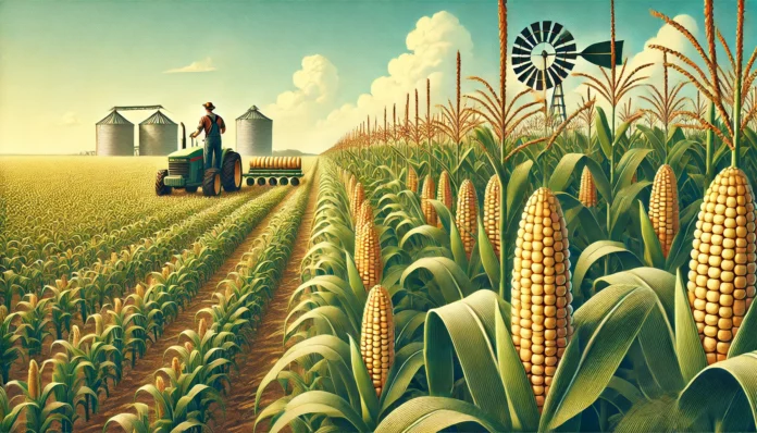 Large-scale cornfield in the United States with healthy corn plants ready for harvest, representing commercial corn production.