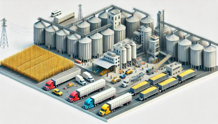 Large maize processing plant in the United States with silos, workers, and machinery for processing maize into products like corn syrup and ethanol.