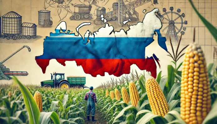 Maize farm in Russia with a map of the country highlighted in Russian flag colors, showcasing maize production and farming.