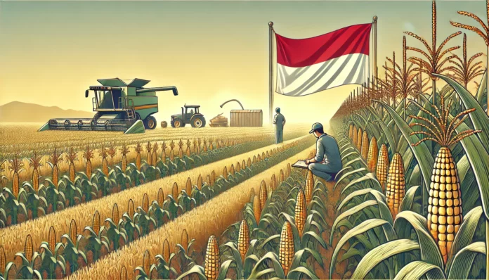 Large maize farm in Indonesia with healthy maize plants and the Indonesian flag in the background, showcasing the country's maize farming industry.