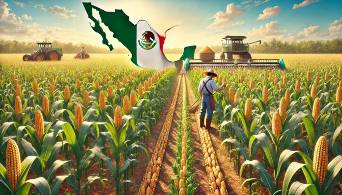 Large maize farm in Mexico with healthy maize plants, golden cobs, a farmer inspecting the crops, and the map of Mexico with flag colors in the background.