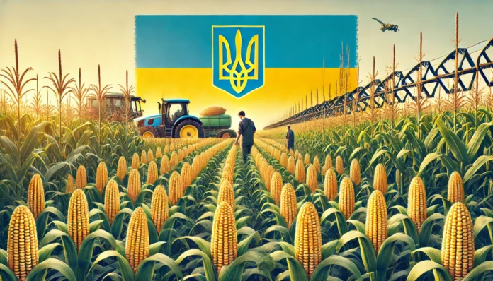 Large maize farm in Ukraine with healthy maize plants, golden cobs, a farmer inspecting the crops, machinery in the background, and the Ukrainian flag displayed.