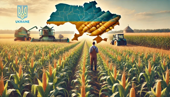 Large maize farm in Ukraine with healthy maize plants, golden cobs, a farmer inspecting the crops, machinery in the background, and the map of Ukraine subtly integrated.